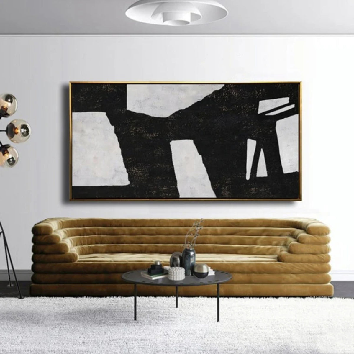 Room mockup. Broad black angular bands stretch horizontally across pale grey shapes with narrow light openings at the right.