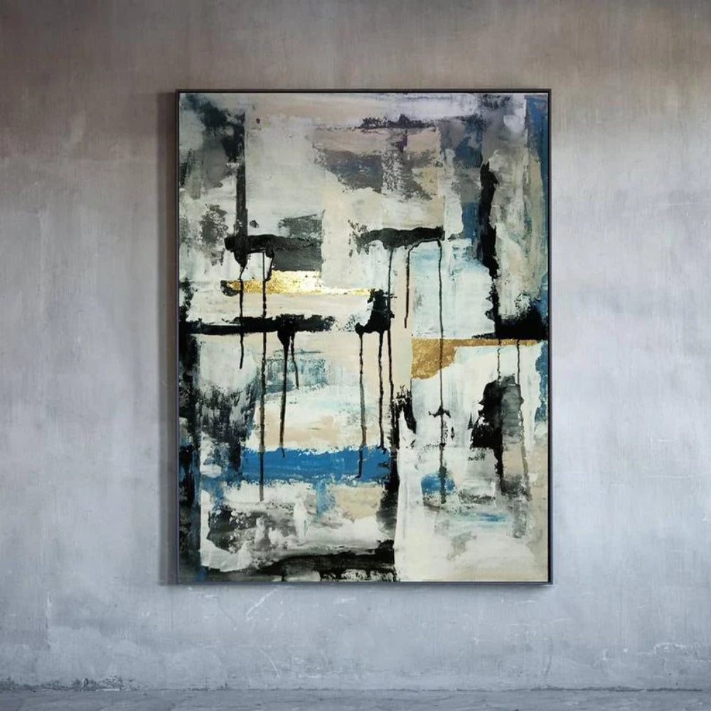 Room mockup showing black vertical drips and horizontal marks over pale grey-white fields with a blue band and small gold-coloured accents.