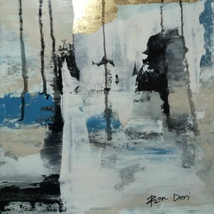 Close-up of black vertical drips and horizontal marks over pale grey-white fields with a blue band and small gold-coloured accents.