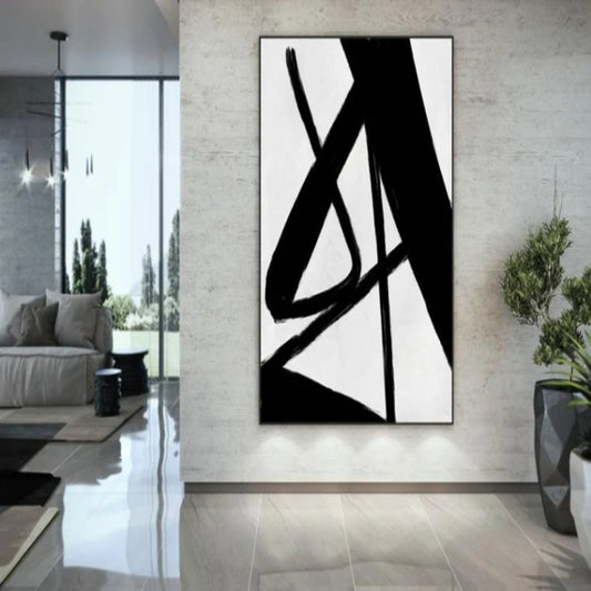 Room mockup. Broad and fine black diagonal strokes intersect and loop against a white background.