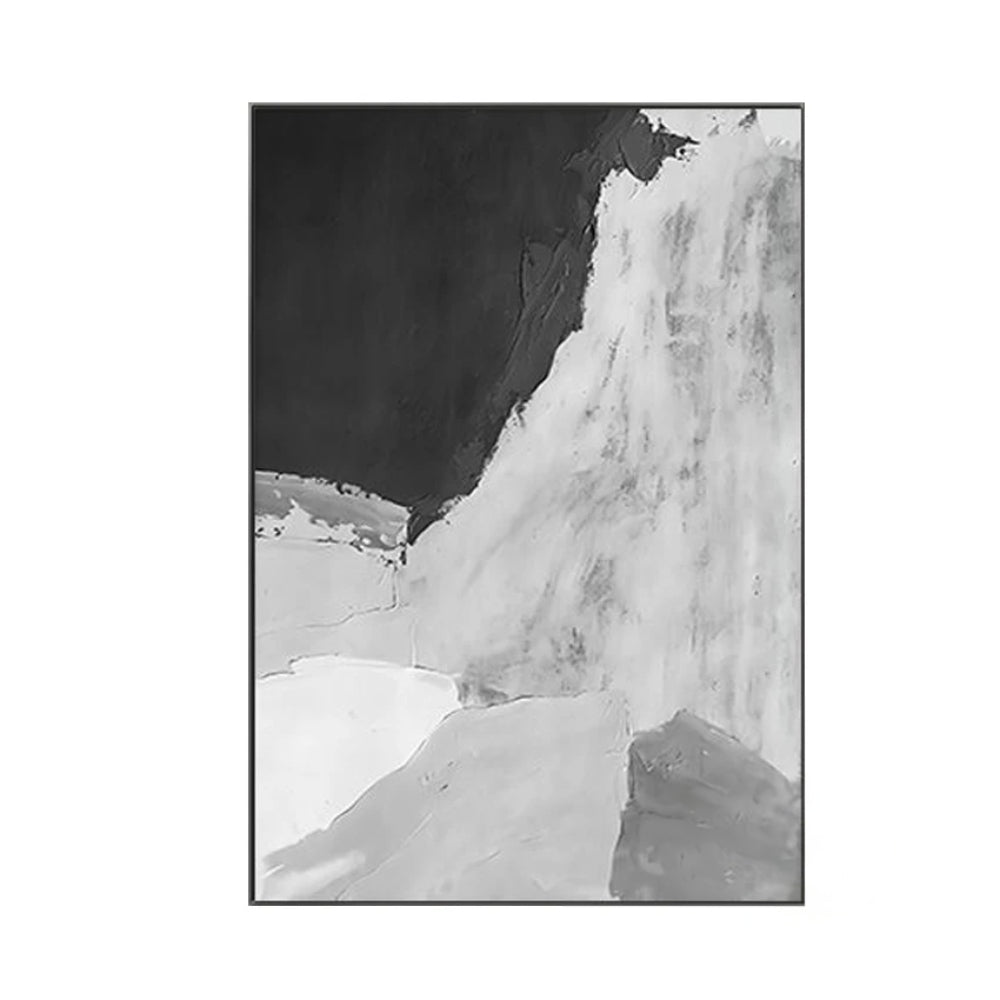 Monochrome abstract with a large black upper field and sweeping textured white and pale grey lower forms.