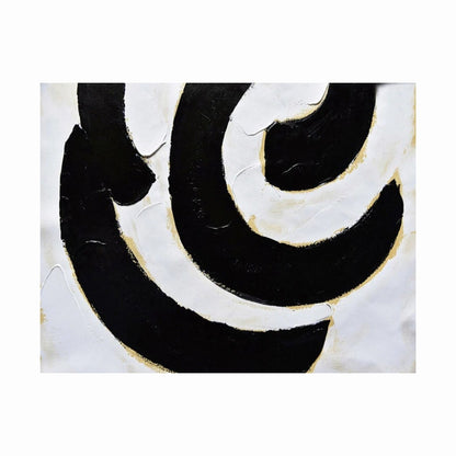 Broad black and white curved bands with fine gold-coloured edges forming an off-centre swirling composition.