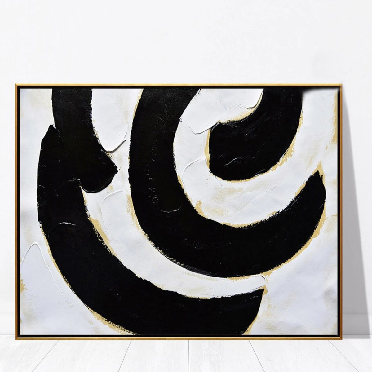 Room mockup. Broad black and white curved bands with fine gold-coloured edges forming an off-centre swirling composition.