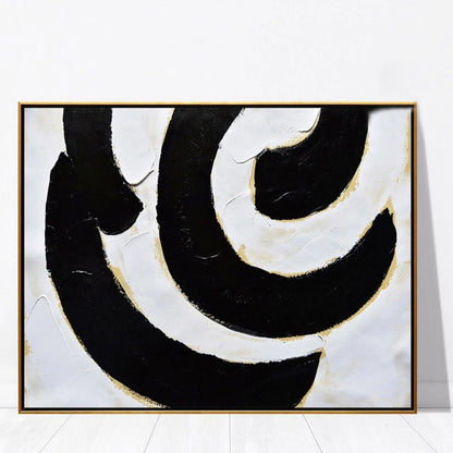 Room mockup. Broad black and white curved bands with fine gold-coloured edges forming an off-centre swirling composition.