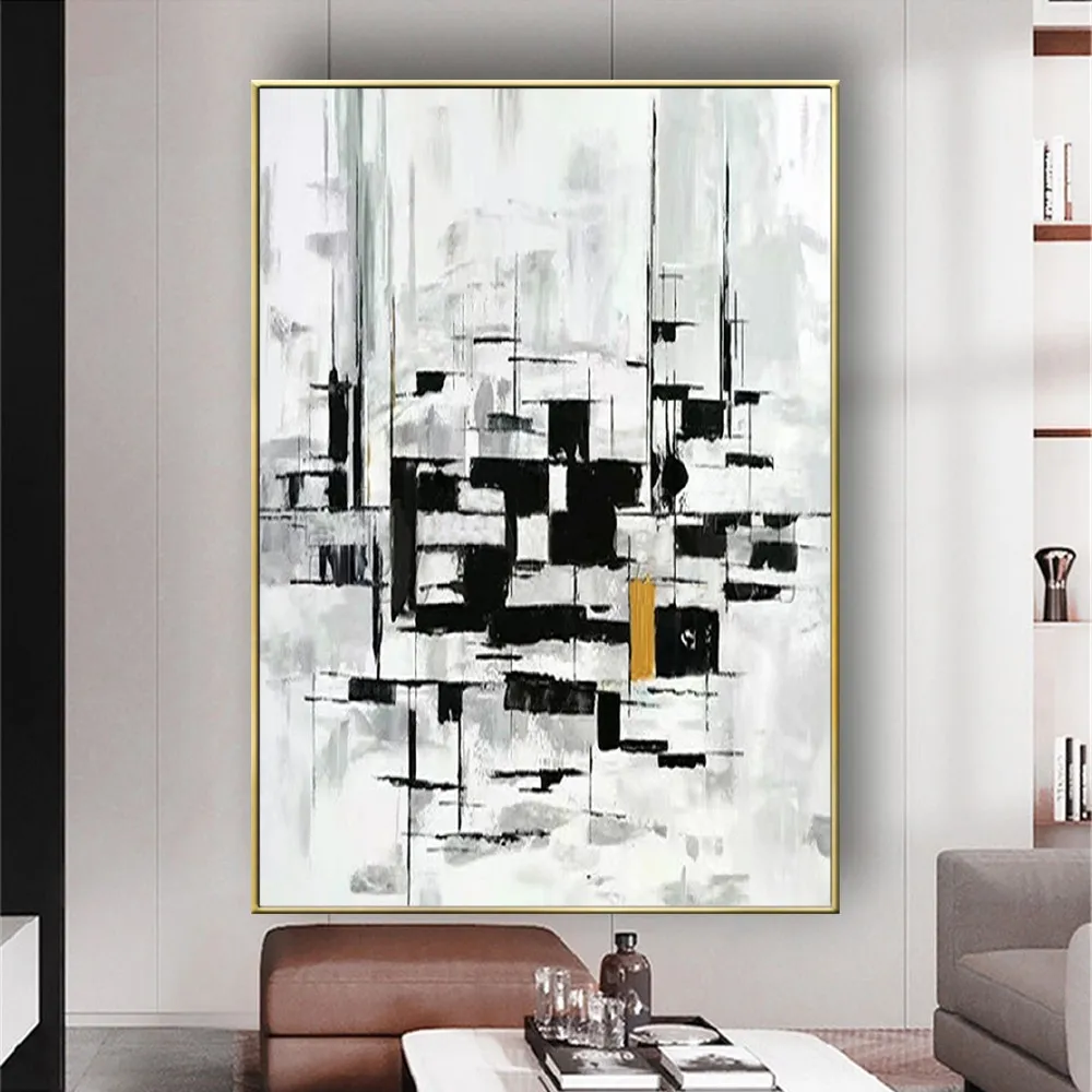 Room mockup showing black geometric bars and fine grey lines across a white background with a small ochre accent.