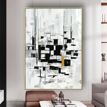 Room mockup showing black geometric bars and fine grey lines across a white background with a small ochre accent.