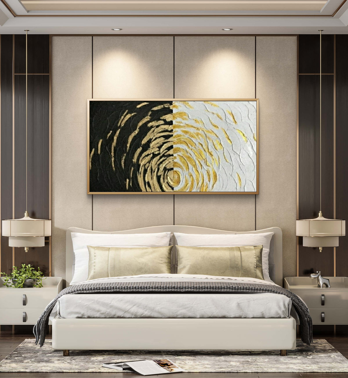 Room mockup showing gold-coloured curved textured marks forming expanding ripples across contrasting black and white fields.