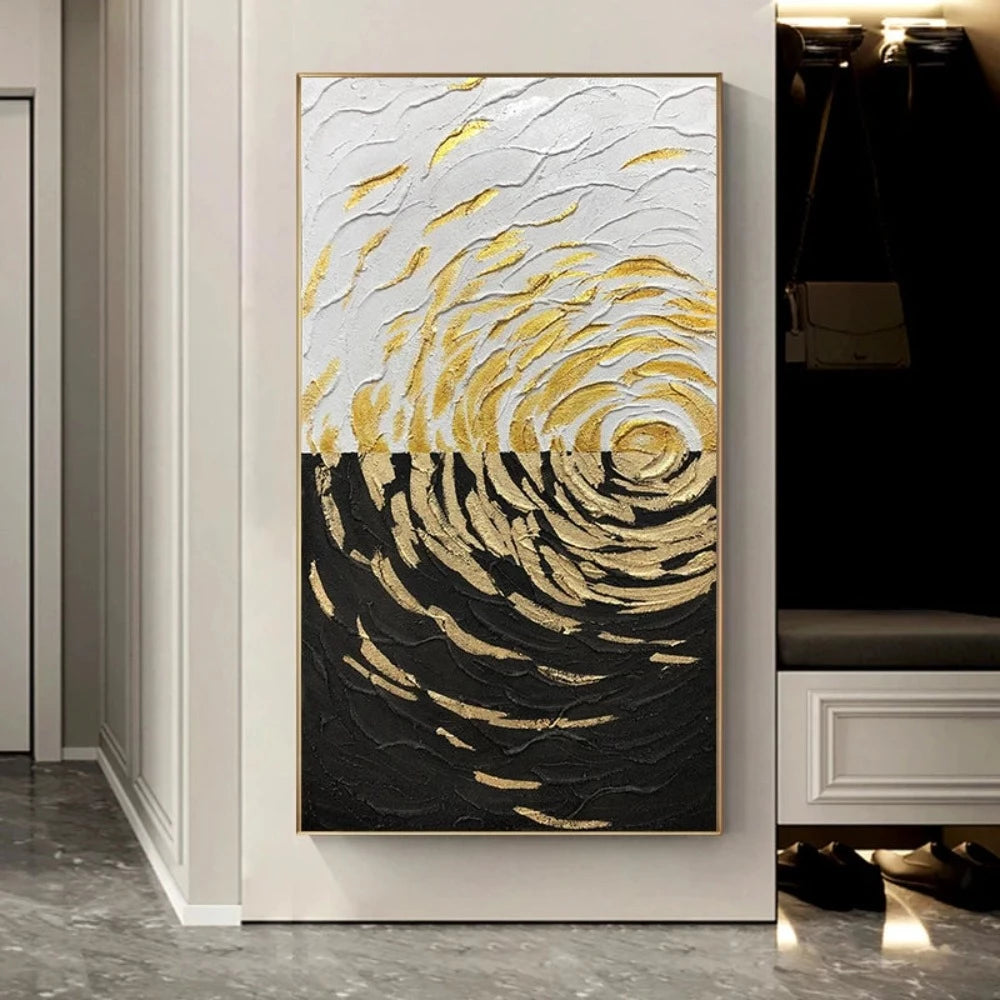 Room mockup showing gold-coloured curved textured marks forming expanding ripples across contrasting black and white fields.