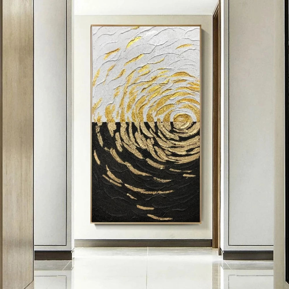 Room mockup showing gold-coloured curved textured marks forming expanding ripples across contrasting black and white fields.