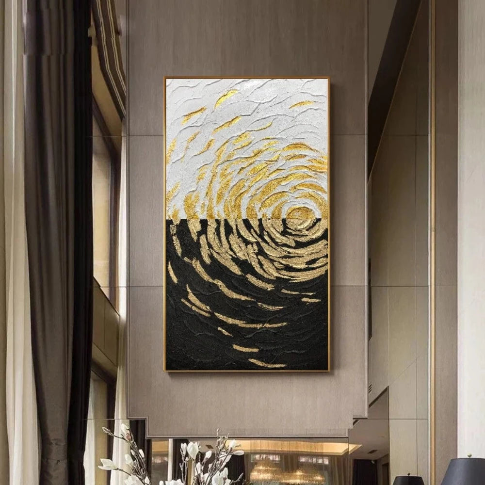 Room mockup showing gold-coloured curved textured marks forming expanding ripples across contrasting black and white fields.