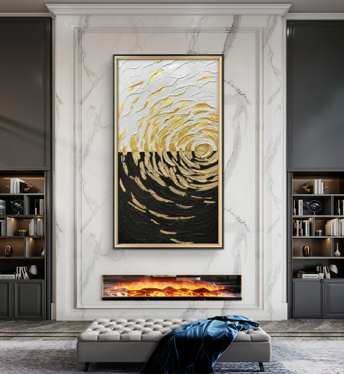 Room mockup showing gold-coloured curved textured marks forming expanding ripples across contrasting black and white fields.