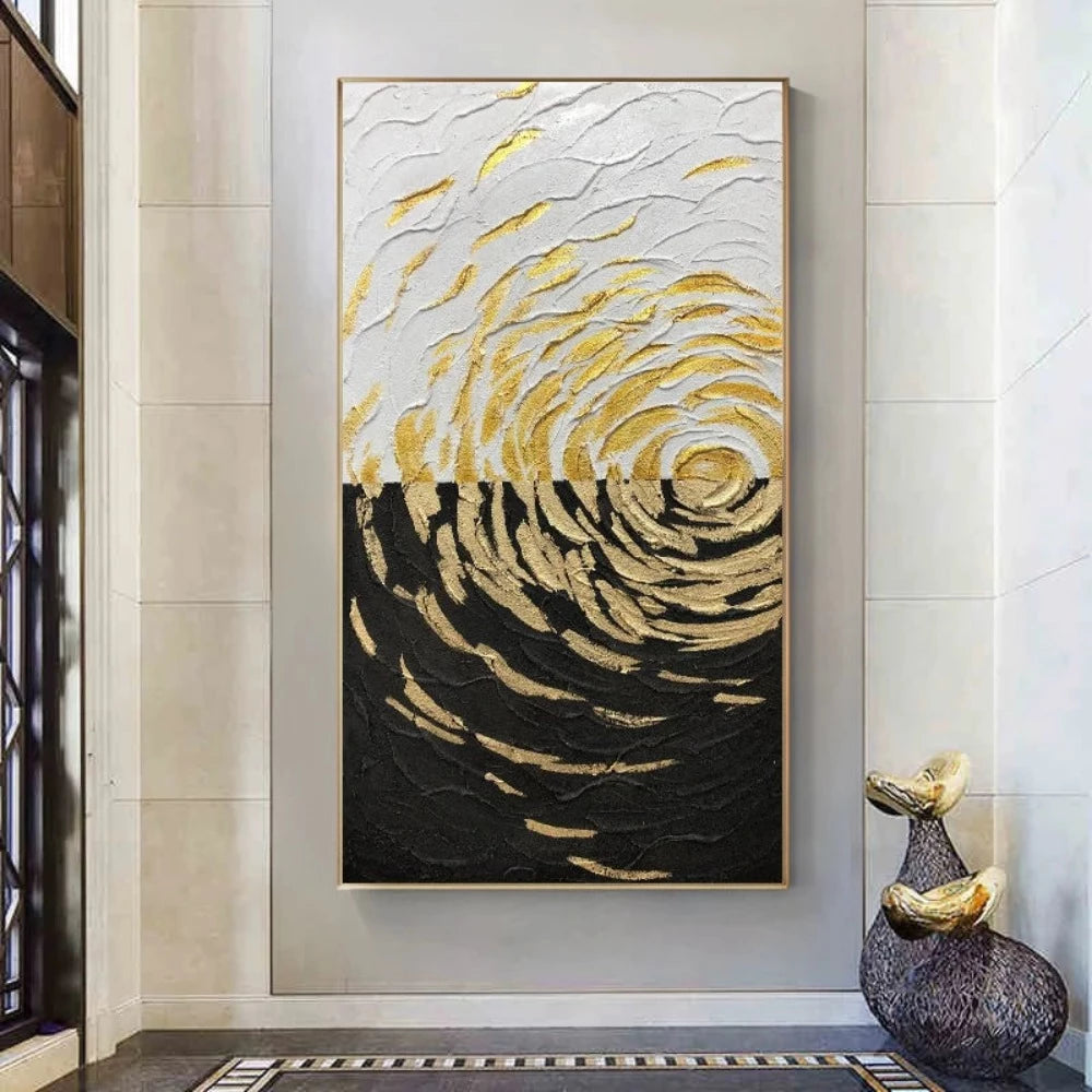 Room mockup showing gold-coloured curved textured marks forming expanding ripples across contrasting black and white fields.