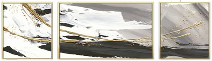 Three-panel artwork with sweeping black, white and grey strokes crossed by fine gold-coloured curves.