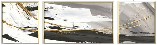 Three-panel artwork with sweeping black, white and grey strokes crossed by fine gold-coloured curves.