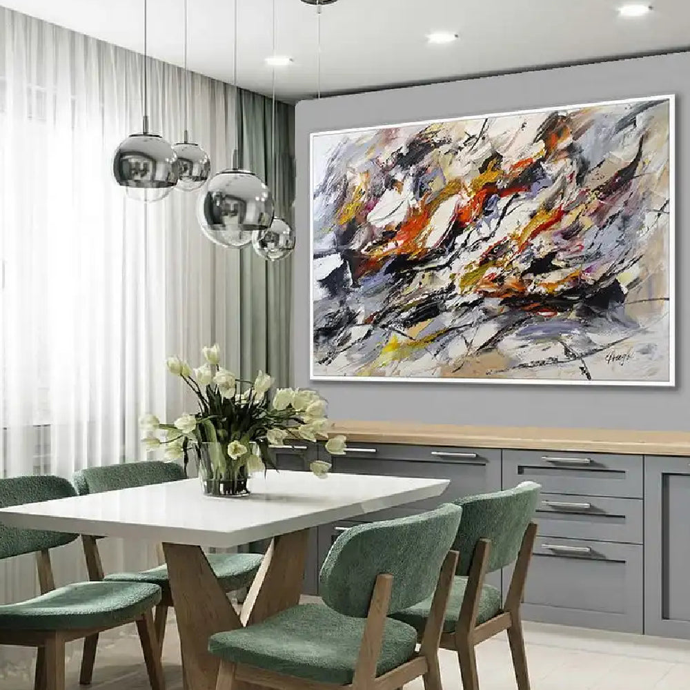 Room mockup showing sweeping black, white and grey expressive marks with orange, yellow and muted purple accents.