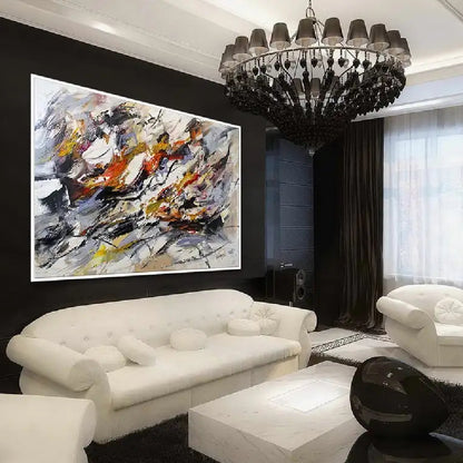 Room mockup showing sweeping black, white and grey expressive marks with orange, yellow and muted purple accents.