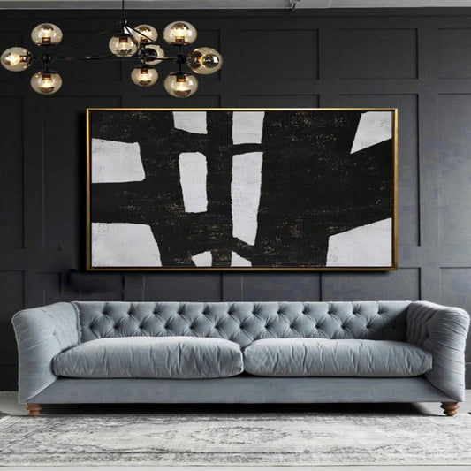 Room mockup. Broad black intersecting blocks surround irregular pale grey rectangular openings in a textured abstract composition.