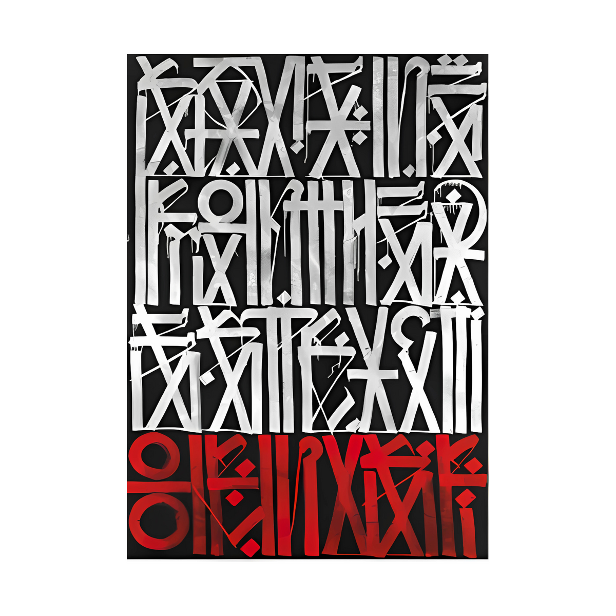Artwork showing white abstract symbols over black with a red band of glyphs along the base.