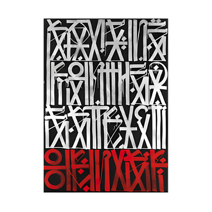 Artwork showing white abstract symbols over black with a red band of glyphs along the base.