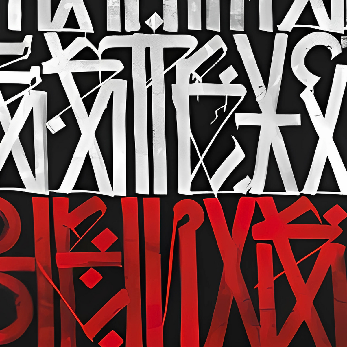 Detail of white symbols above a red band of glyphs on black.