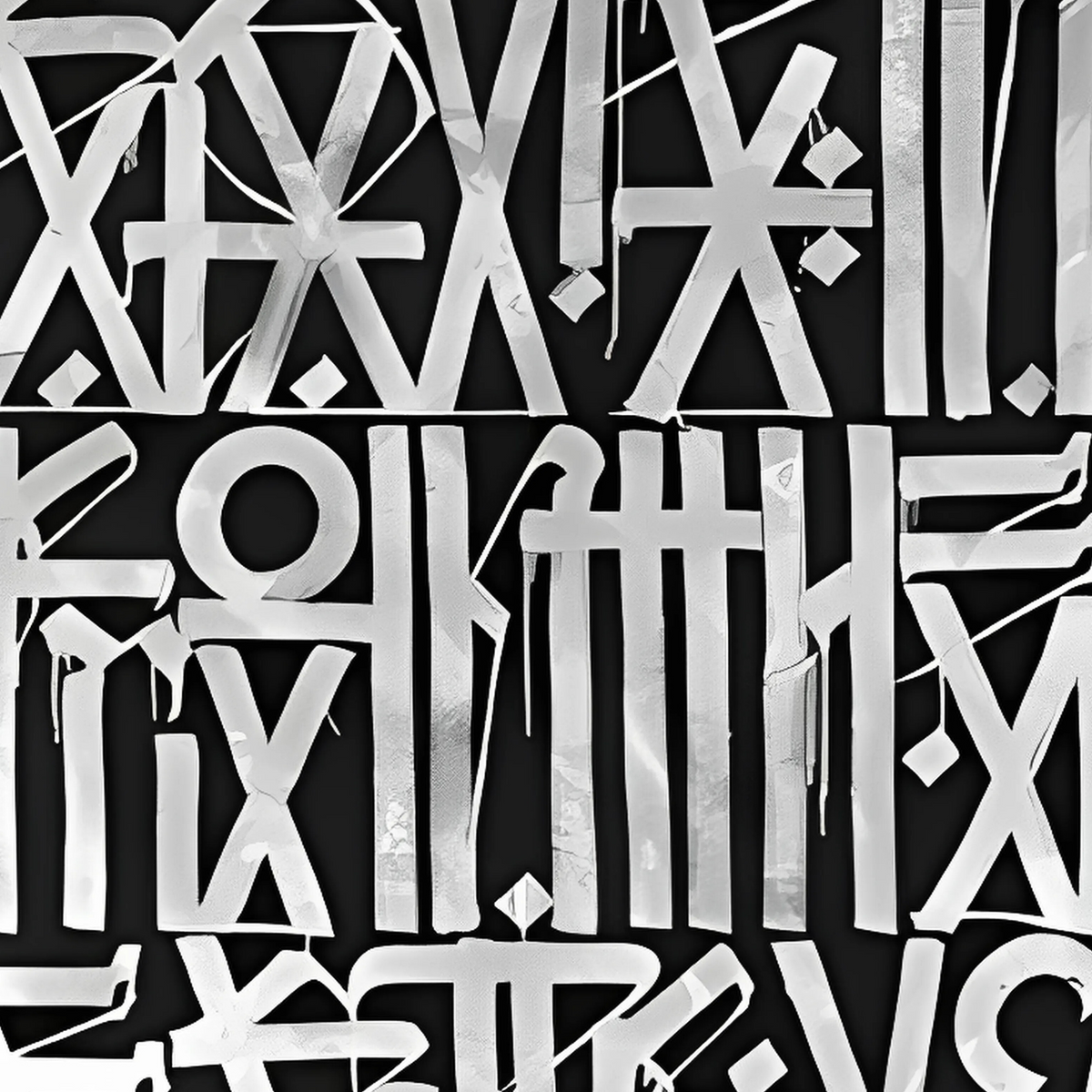 Close-up of white geometric symbols on black.