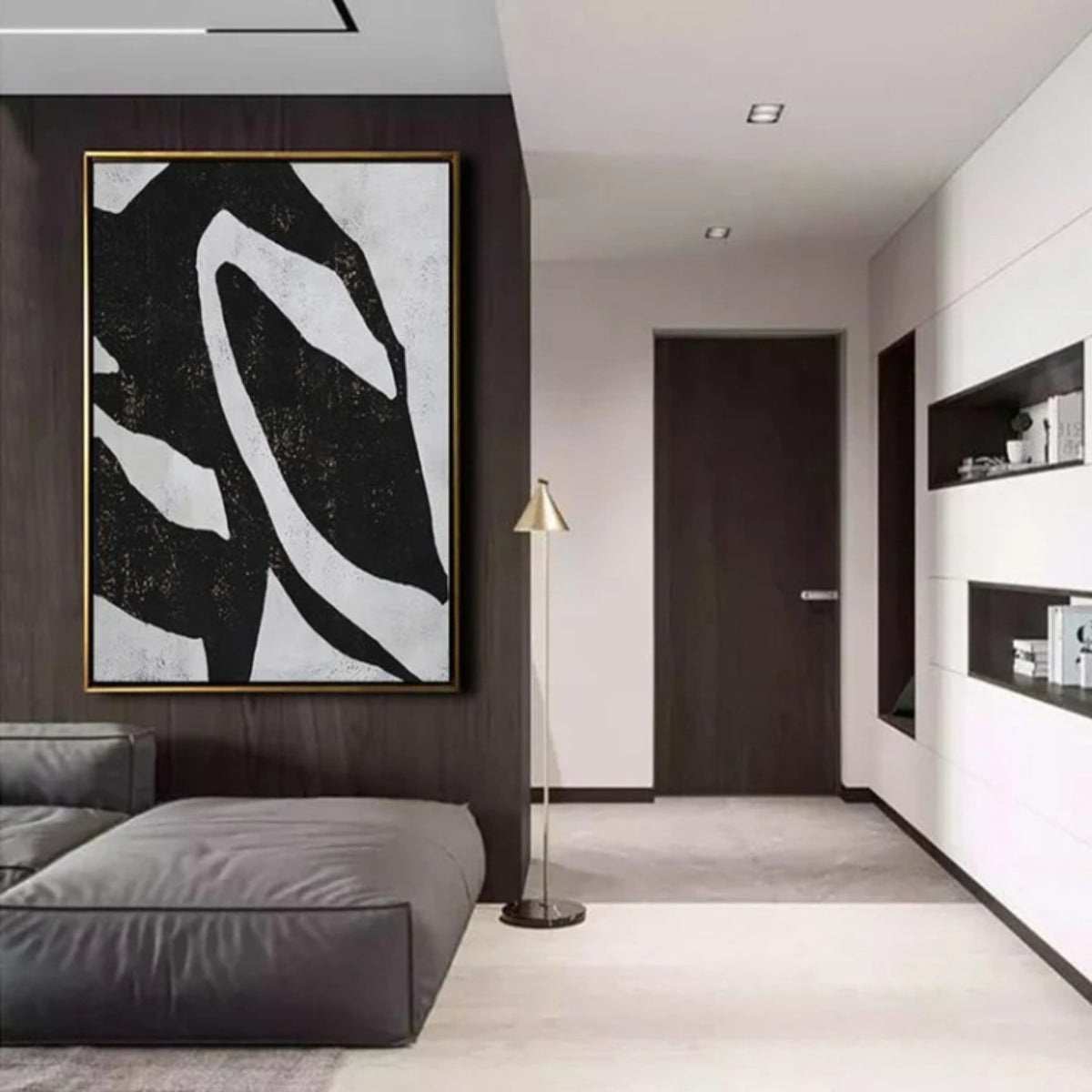 Room mockup. A broad black field crossed by a large irregular white sweeping loop and pale angular edges.