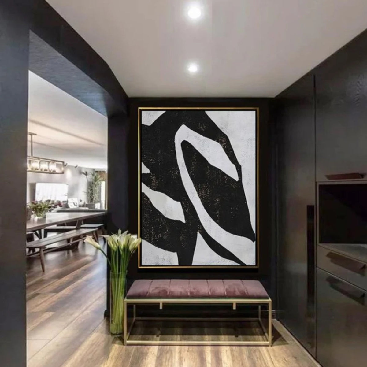 Room mockup. A broad black field crossed by a large irregular white sweeping loop and pale angular edges.