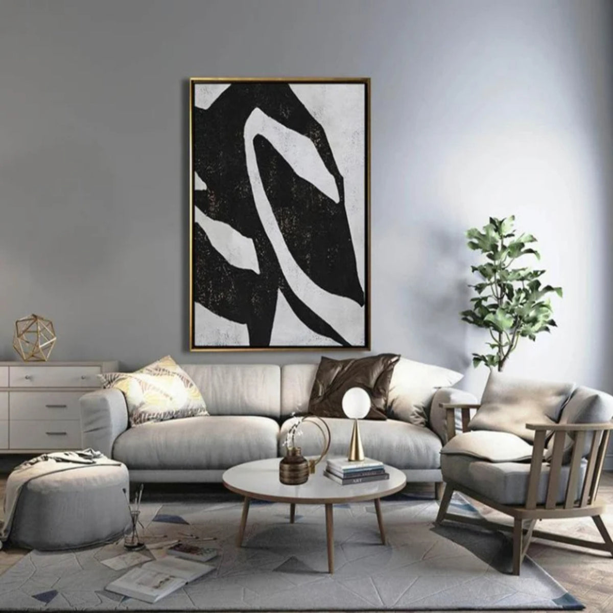 Room mockup. A broad black field crossed by a large irregular white sweeping loop and pale angular edges.