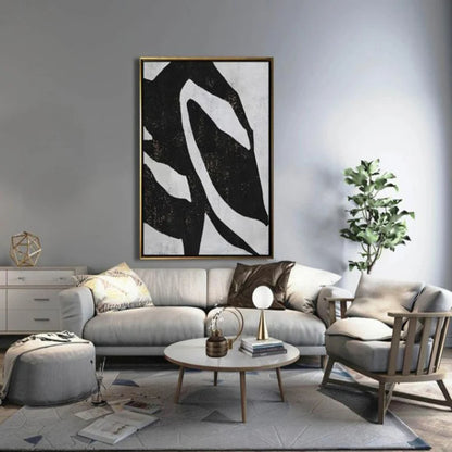 Room mockup. A broad black field crossed by a large irregular white sweeping loop and pale angular edges.