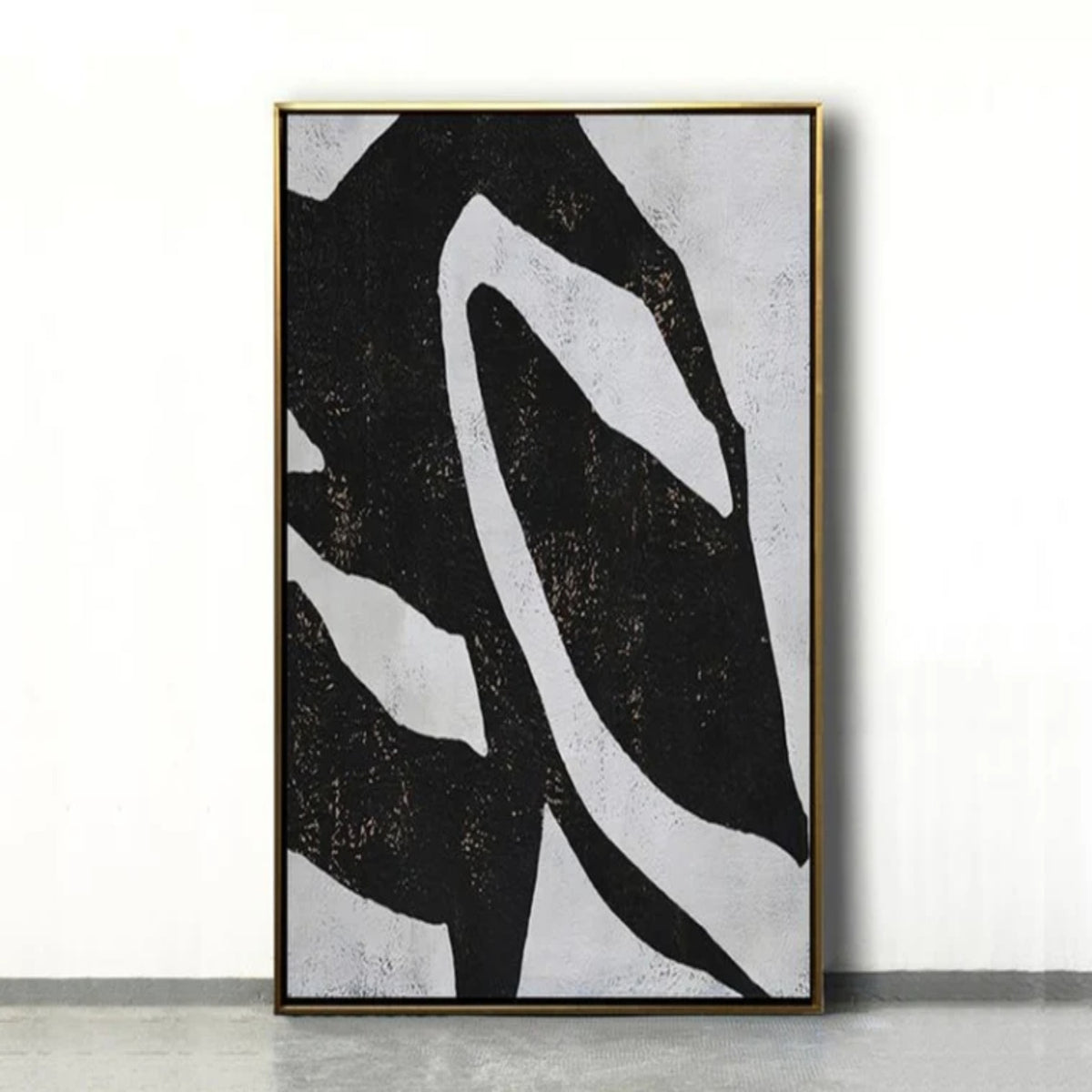 Room mockup. A broad black field crossed by a large irregular white sweeping loop and pale angular edges.