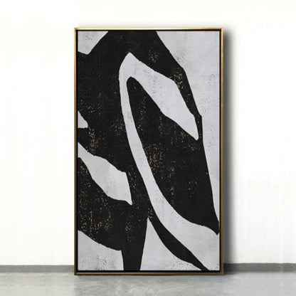 Room mockup. A broad black field crossed by a large irregular white sweeping loop and pale angular edges.