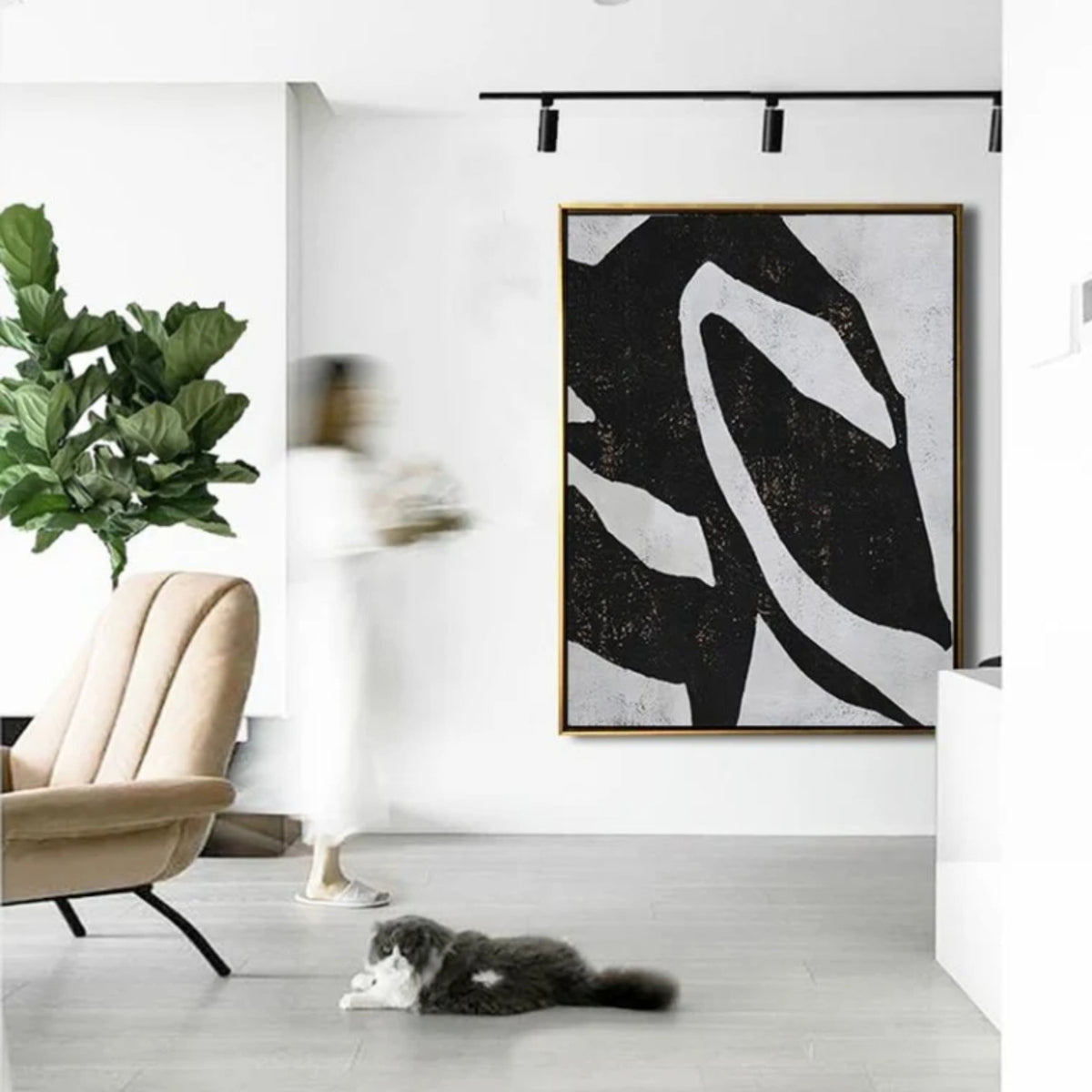 Room mockup. A broad black field crossed by a large irregular white sweeping loop and pale angular edges.