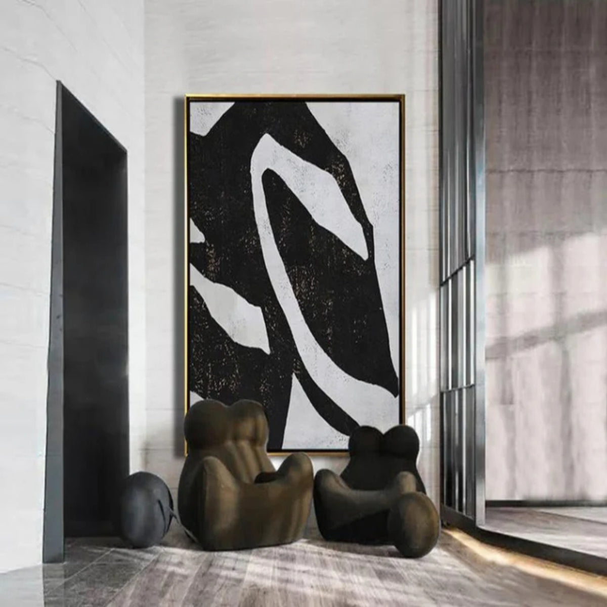 Room mockup. A broad black field crossed by a large irregular white sweeping loop and pale angular edges.