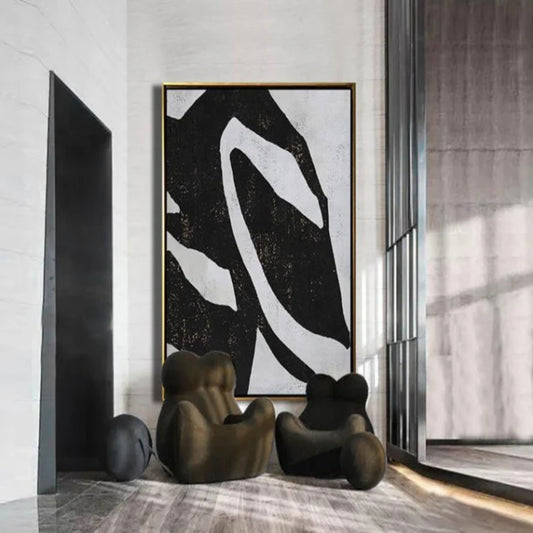 Room mockup. A broad black field crossed by a large irregular white sweeping loop and pale angular edges.