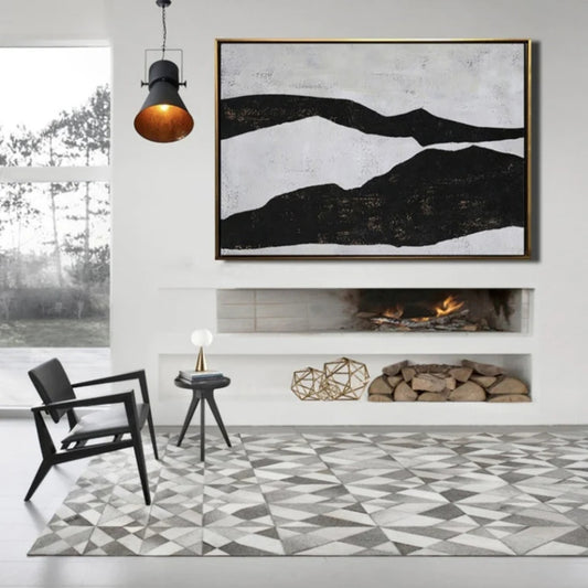 Room mockup. Two broad uneven black horizontal bands enclose a winding pale grey strip on a textured light ground.