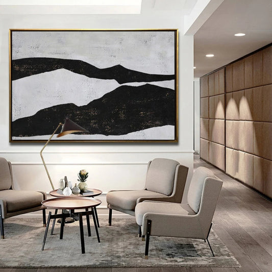 Room mockup. Two broad uneven black horizontal bands enclose a winding pale grey strip on a textured light ground.