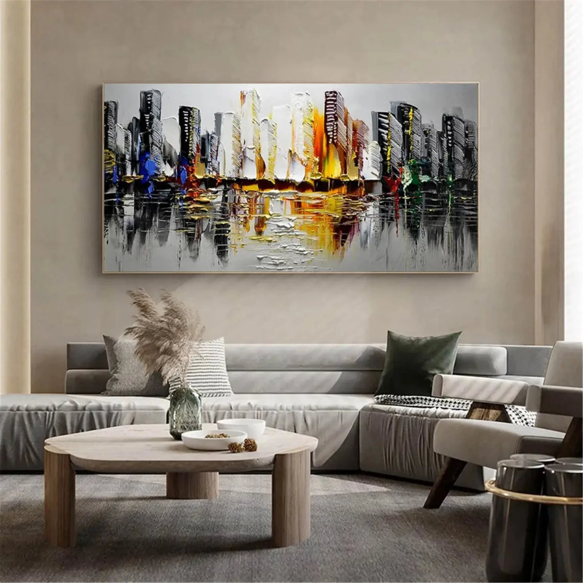 Room mockup showing black and white city towers with yellow, orange and small blue accents reflected across a grey foreground.
