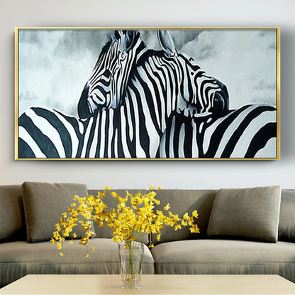 Room mockup showing two zebras with interlocking black-and-white striped necks against a pale grey background.