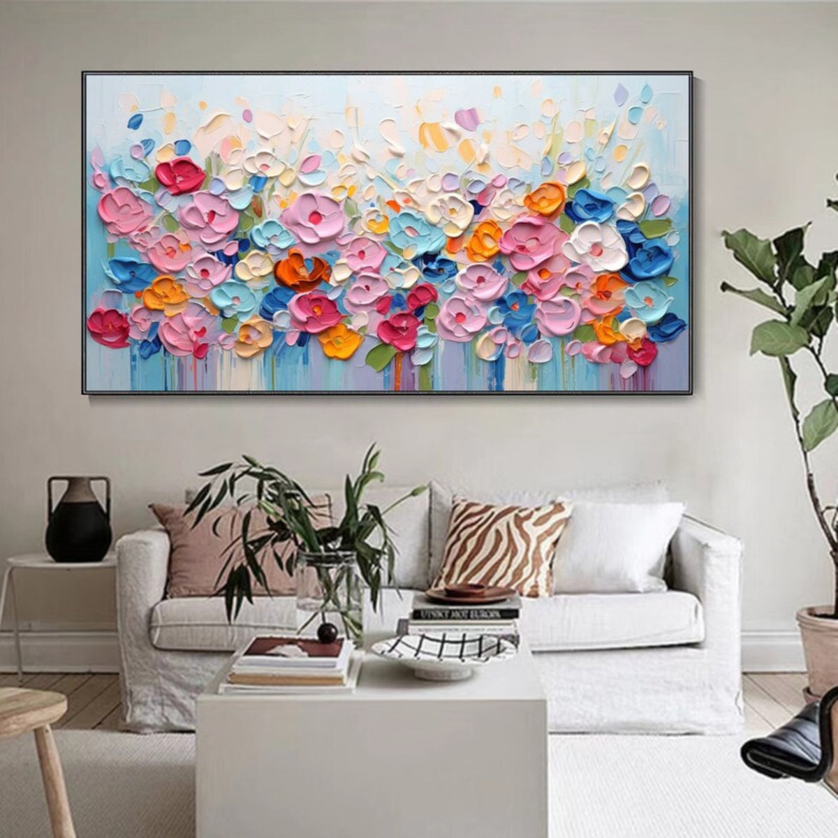 Interior preview of raised-looking floral forms in pink, coral, yellow, orange and lavender against light blue.