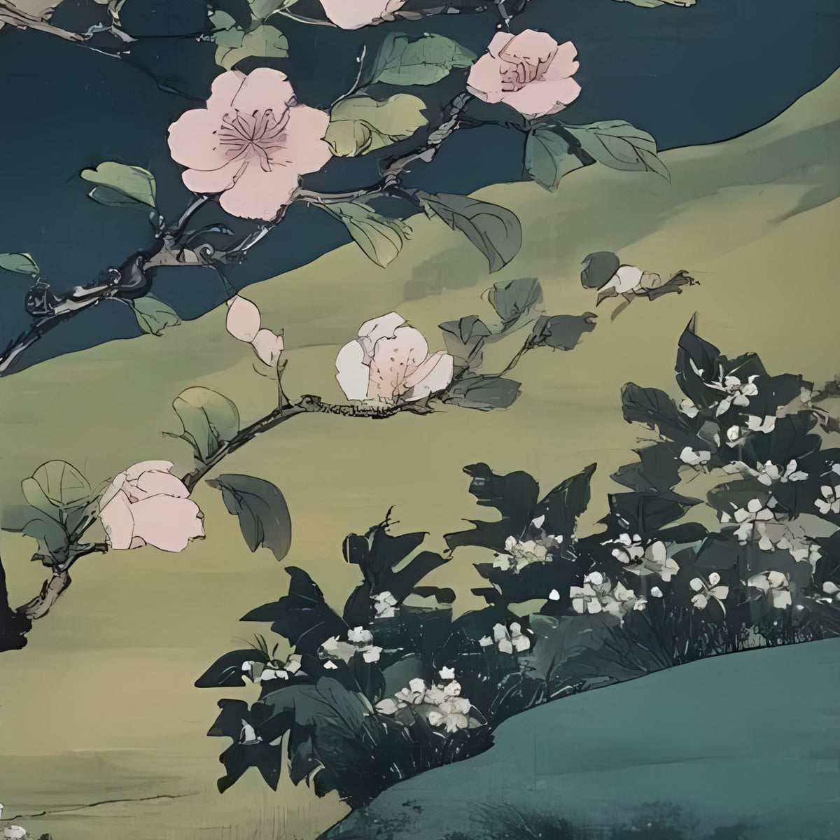 Hand-painted canvas featuring pink and white blossoms on dark branches against a golden sky and green hills.