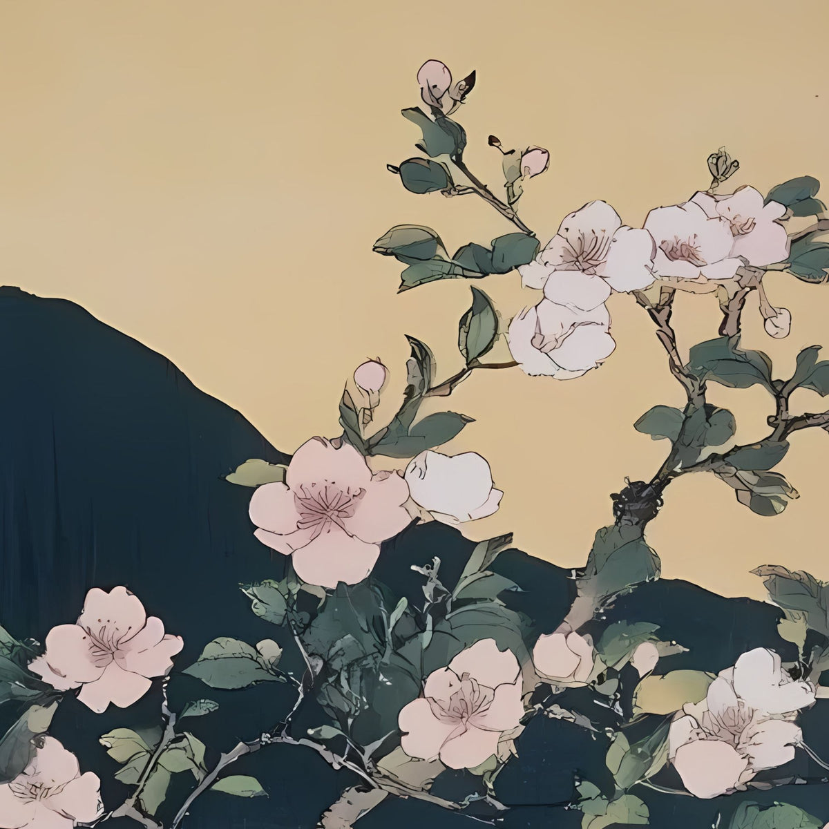 Hand-painted canvas featuring pink and white blossoms on dark branches against a golden sky and green hills.
