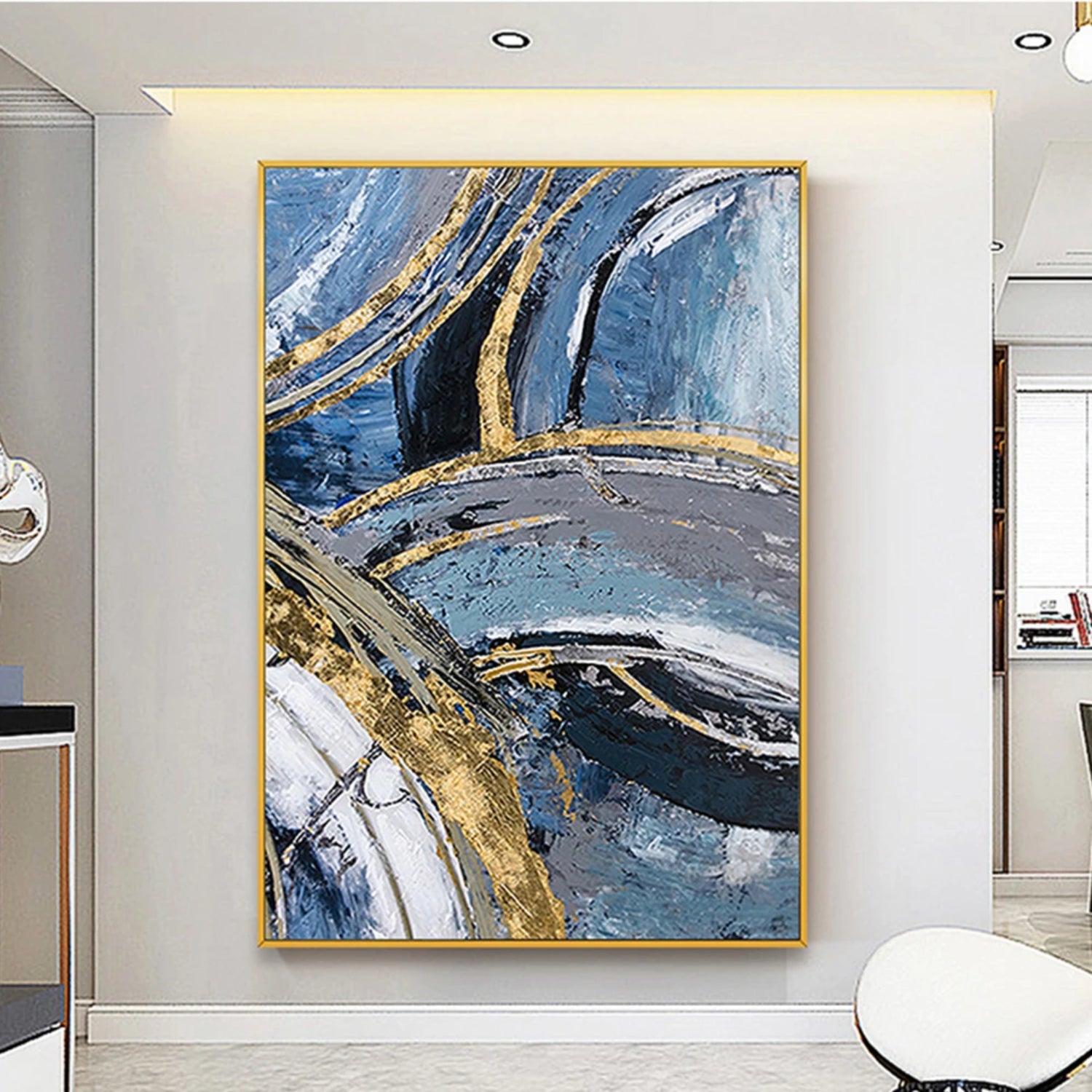 Blue and Gold Abstract Canvas Art in Stylish Modern Living Space