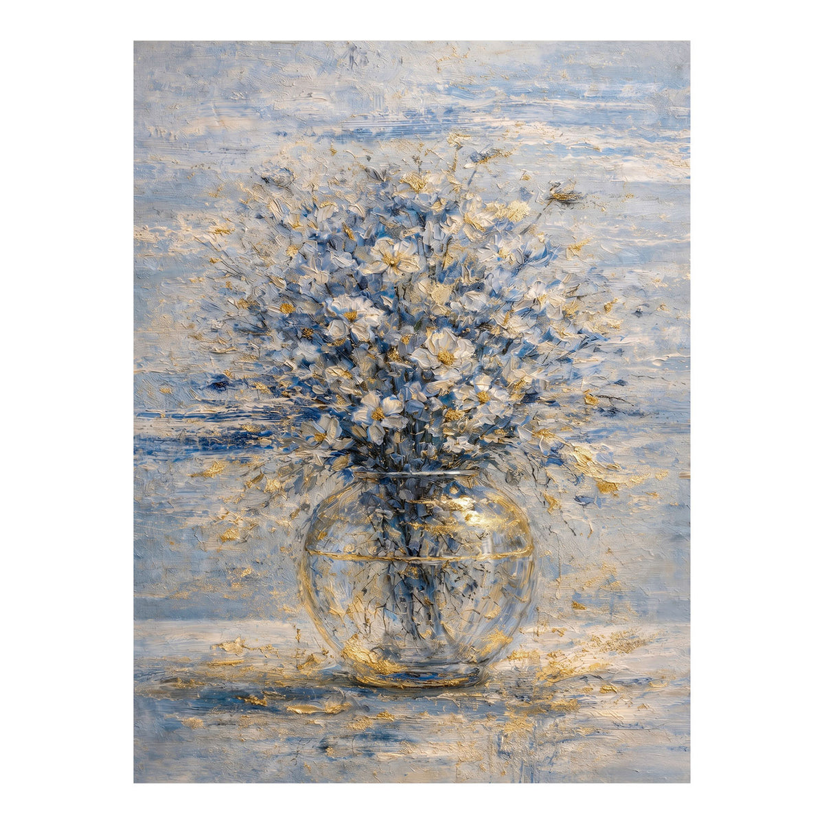 Blue and gold floral painting with delicate blossoms in a glass vase.
