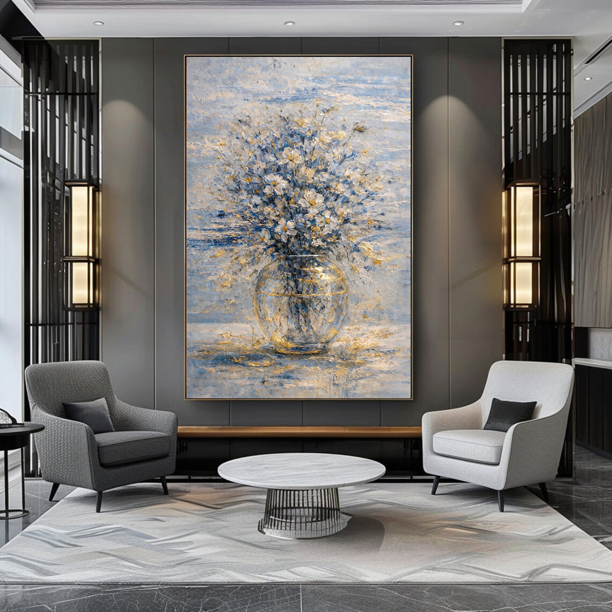 Blue and gold floral painting with delicate blossoms in a glass vase.