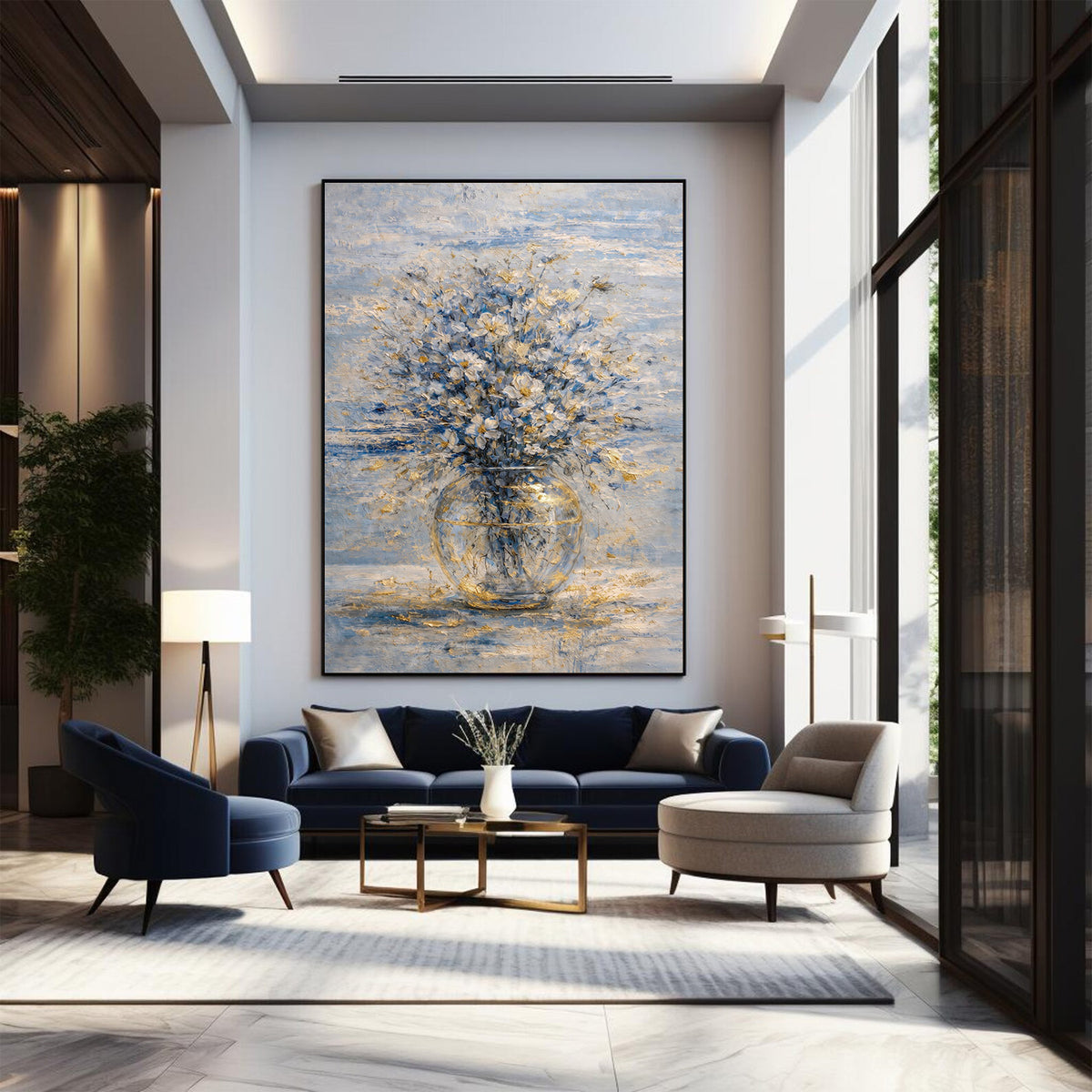 Blue and gold floral painting with delicate blossoms in a glass vase.
