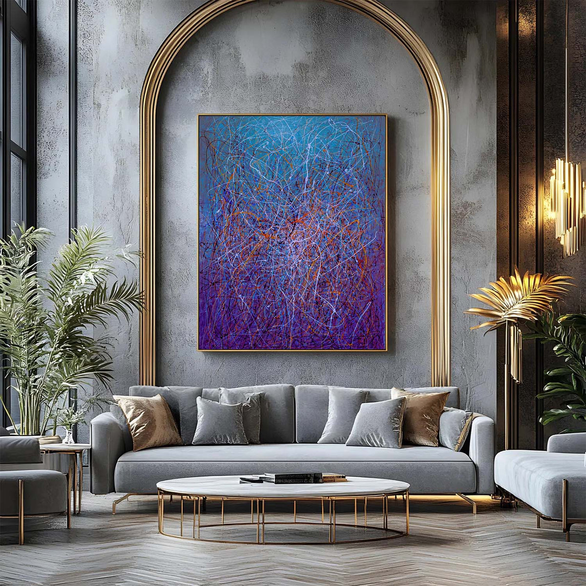 Vertical abstract expressionist painting in purple and blue tones displayed on an arched feature wall above a grey sofa.