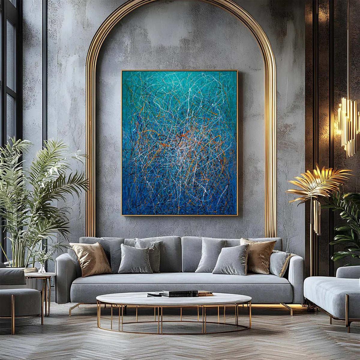 Vertical blue abstract expressionist artwork framed and displayed on a luxury arched wall above a modern sofa.