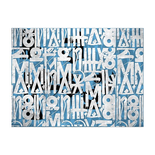 Hand-painted canvas showing white abstract glyphs and black accents arranged over a blue ground.