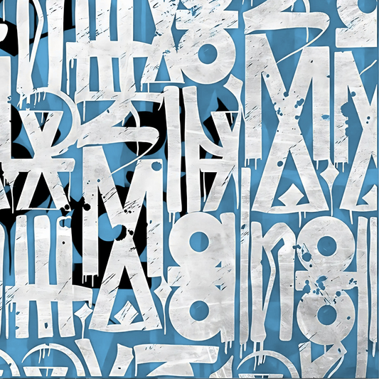Detail of white abstract glyphs and black accents arranged over a blue ground.