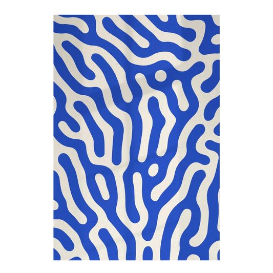 Hand-painted canvas showing bold blue and off-white organic bands forming a flowing wavy pattern.